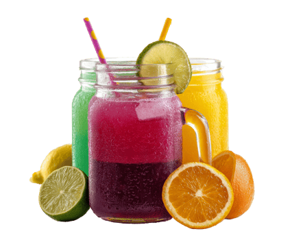 Refreshing summer drinks in colorful jars with citrus fruits png