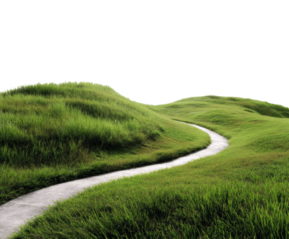 Tranquil pathway through lush green hills and grass landscape png