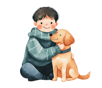 Boy hugging golden retriever with a joyful expression png