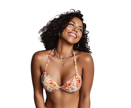 Joyful summer vibes in floral bikini for beach fun png