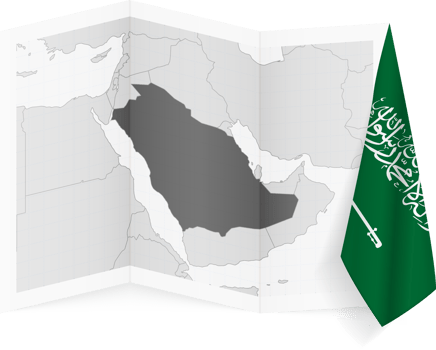 Saudi Arabia grayscale map and hanging flag. png