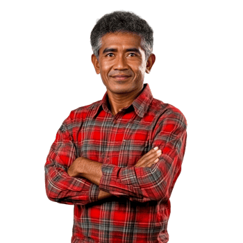 Smiling Asian man in plaid shirt with arms crossed, cut out transparent png