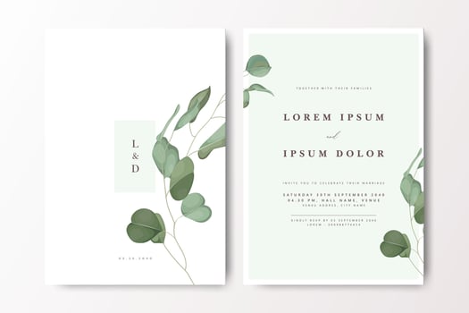 Minimalist wedding invitation card template with leaves decoration vector