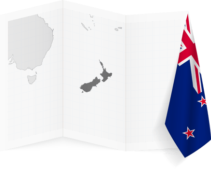 New Zealand grayscale map and hanging flag. png