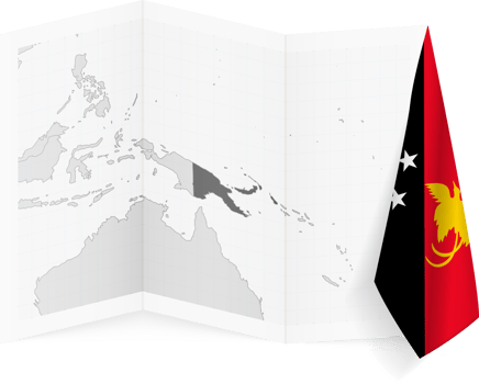 Papua New Guinea grayscale map and hanging flag. png