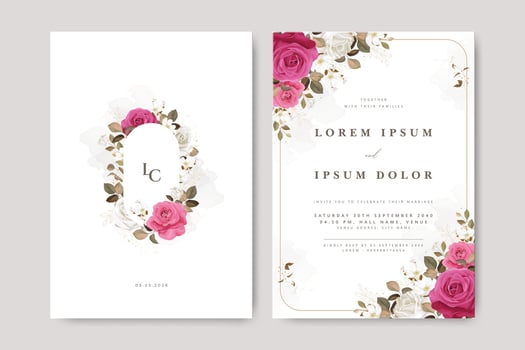elegant wedding invitation card set with wreath roses flower design vector