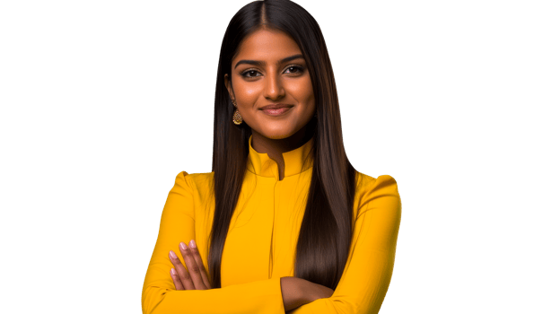 Attractive Indian woman with folded arms, smiling, cut out transparent png