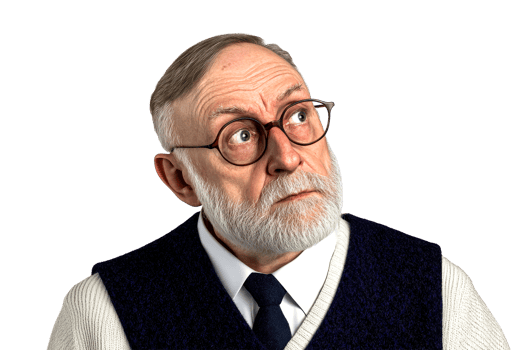 Thoughtful older adult looking up, wearing glasses, cut out transparent png