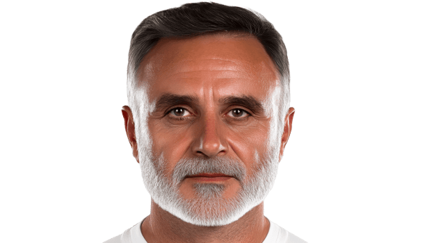 Mature man face portrait with grey beard, closeup, cut out transparent png