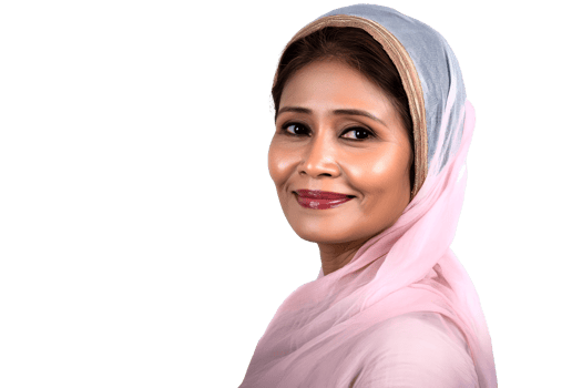 Smiling Middle Eastern woman in headscarf, looking at camera, cut out transparent png