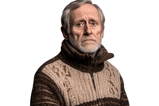 Somber Senior, Gray Hair, Knitted Sweater, Expressive Pose, cut out transparent png