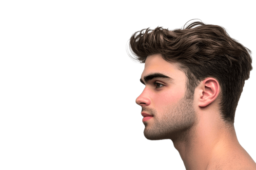 Profile portrait of attractive man, hair style, looking left, cut out transparent png