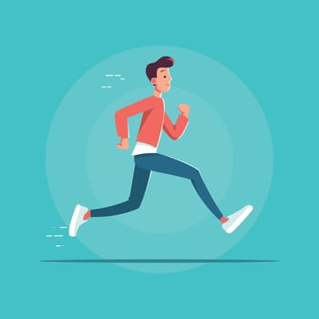Illustration of Young Athletic Man Running in Energetic Pose on Cool Mint Background vector