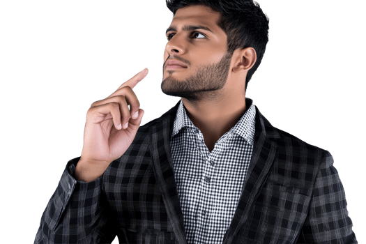 Indian man in jacket with finger up, looking, cut out transparent png