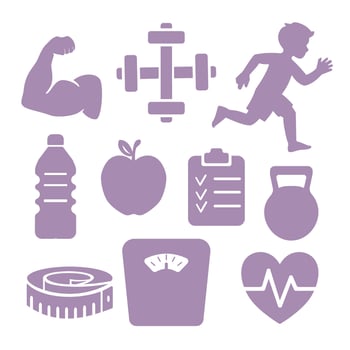Icon set related to a healthy lifestyle and fitness. Muscular arm flexing, running person, apple, heart with pulse line, water bottle, scale, kettlebell, to-do list, body tape measure, dumbbells. vector