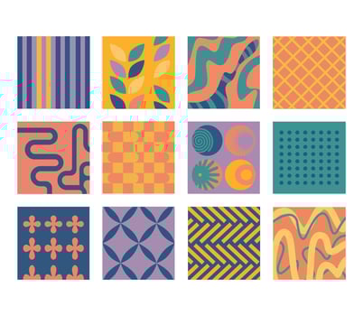 Collection of 12 seamless unique geometric square patterns. Bright colorful abstract designs suitable for textiles, backgrounds, packaging, and web use. vector