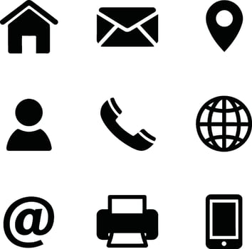 Set of Simple Black Flat Contact Icons on White Background vector