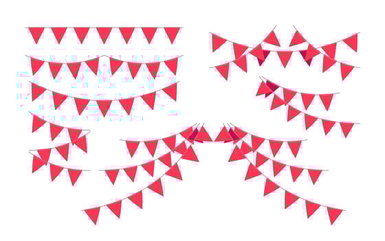 Garland with triangle red flags set. Decorative bunting background for party, holiday carnival, birthday celebration, festival decoration. Hanging flags illustration vector
