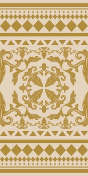 Ancient Exquisite Luxury Intricate Haute Couture Border Pattern with Opulence Gold Scroll Ornament on Beige Background. Dainty Blooming at Center with Leaves Frame Decoration Elegance Vibe Decoration vector