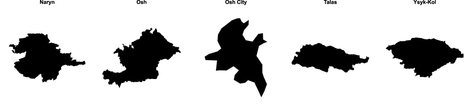 Naryn, Osh, Osh City, Talas, Ysyk Kol outline maps vector
