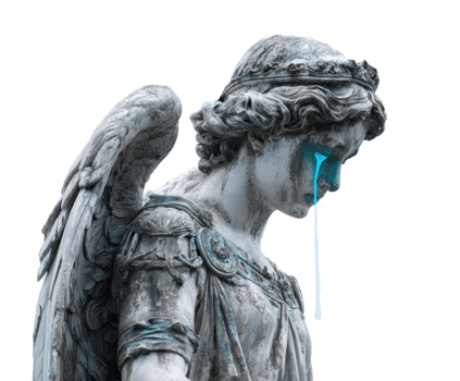 Emotional angel statue with teardrop by serene atmosphere png