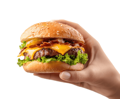 Juicy burger with lettuce and cheese held by a hand png