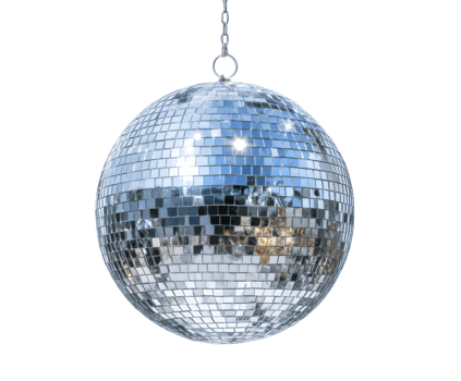 Shimmering disco ball hanging in bright venue with reflections png