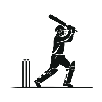 A silhouetted cricketer is captured mid-swing, with a bat poised above the head and stumps nearby cutouts png