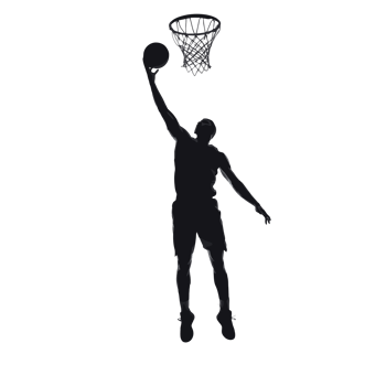 A silhouette of a basketball player leaping towards the hoop, holding a basketball in one hand. cutouts png