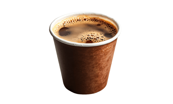 A disposable paper coffee cup filled with dark coffee. png