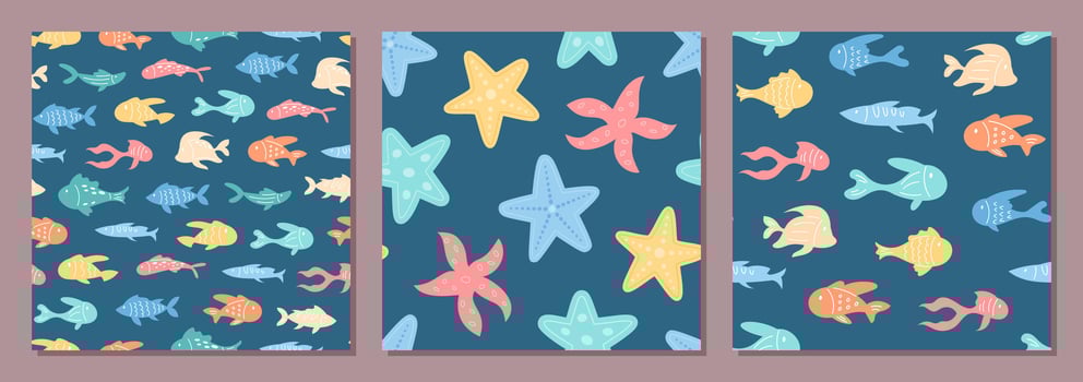 Seamless underwater pattern with aquatic fish and starfish in flat cartoon graphic style set. Marine creatures swim in an ocean scene. Vibrant summer design for backgrounds and decor. vector