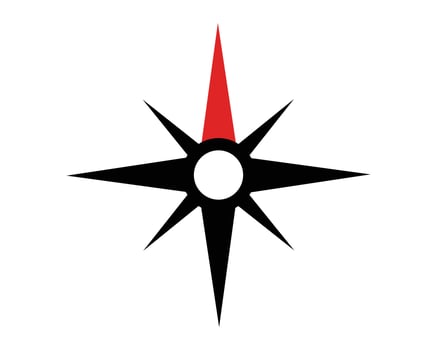 Striking compass rose design. Black silhouette with a red direction. Ideal for navigation, direction, maps, or guidance themes. Clean, modern, and versatile. vector