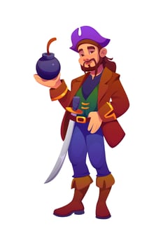 Cartoon pirate corsair character holds round bomb vector