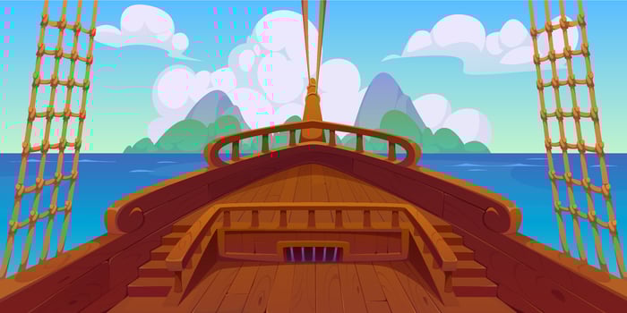 Pirate ship deck interior, sails board view vector