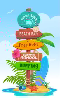 Beach signboard, vacation wood sign board signage vector