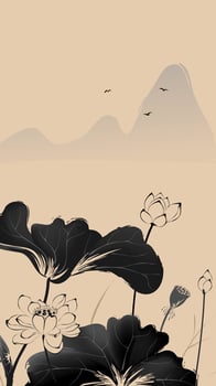 Vertical version of Chinese style ink painting Lotus and landscape vector
