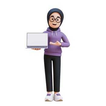 3D render muslim girl character holding and presenting to a laptop with empty screen png