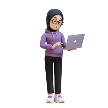 3D render muslim girl character is standing confused working on a laptop png