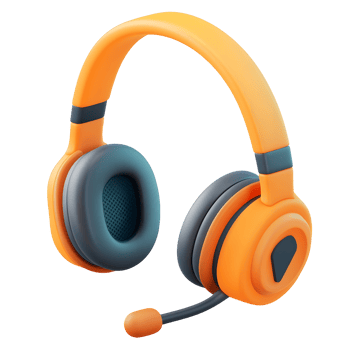 3D icon of orange headphones with black ear pads, audio gear for music and calls. png