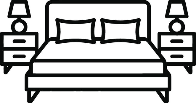 Modern minimalist bedroom furniture illustration with double bed and bedside table lamps. vector