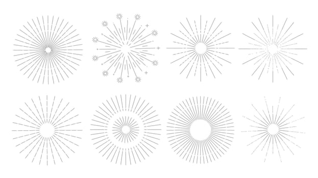 Collection of decorative sunburst designs in various styles perfect for vintage retro graphics vector