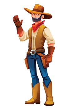 Cowboy waving with friendly smile, welcoming gesture in western attire. Cartoon character illustration vector