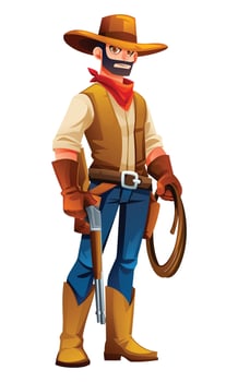 Cowboy holding shotgun and lasso. Cartoon character illustration vector