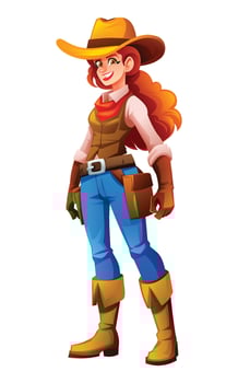 Confident cowgirl standing with smile in classic western attire. Cartoon character illustration vector