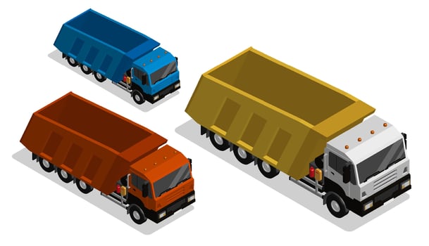 Isometric Heavy construction equipment truck, garbage truck. Industrial machinery and equipment. Realistic 3D isolated on white background vector