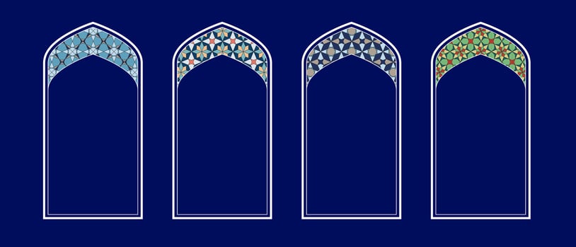 Intricate Islamic window designs showcasing geometric patterns and vibrant colors vector