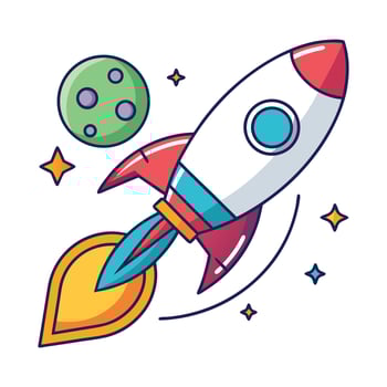 Cartoon Rocket Launching into Space with Planet and Stars Illustration vector