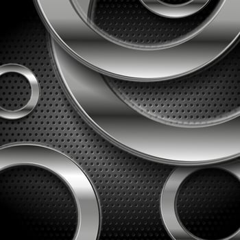 Tech abstract background with silver circles on perforated metallic texture vector