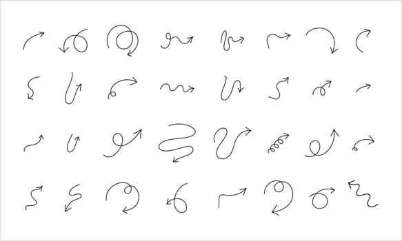 Set of black Doodle hand drawn arrows isolated on white. illustration. Arrow collection set. vector
