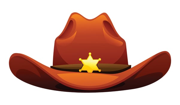 Cowboy hat with golden sheriff badge, symbol of authority in the wild west. Cartoon illustration vector